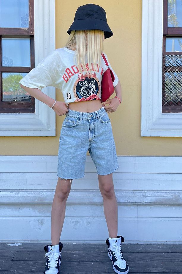 Buz Mavisi Yüksek Bel Regular Fit Basic Kot Şort Mg1495 - 7