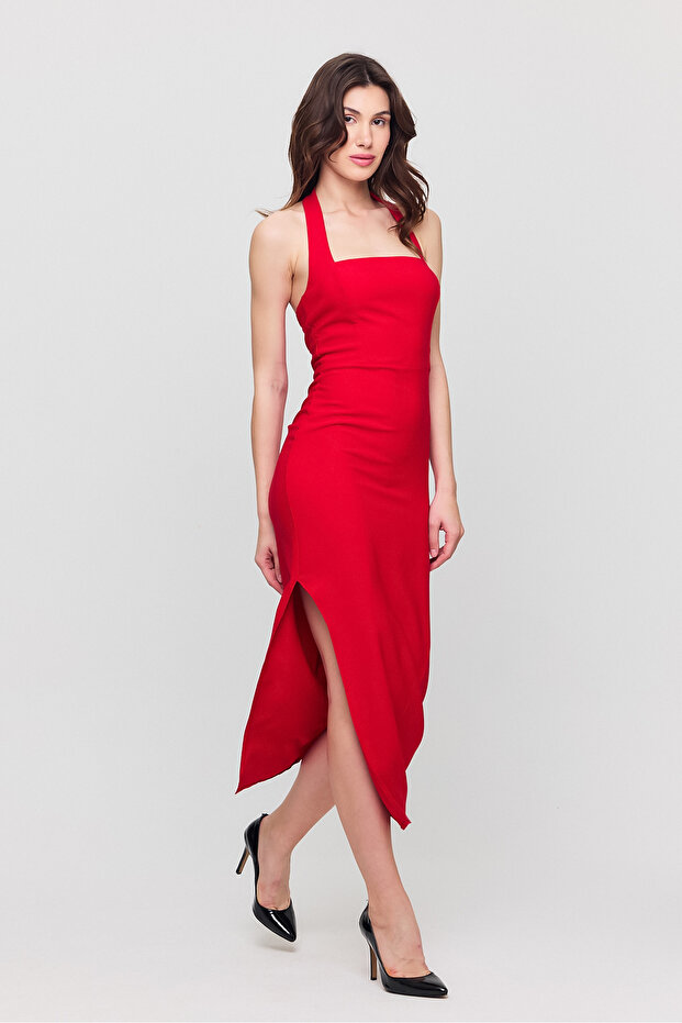 Women's Neck Tie Square Neck Slit Midi Dress