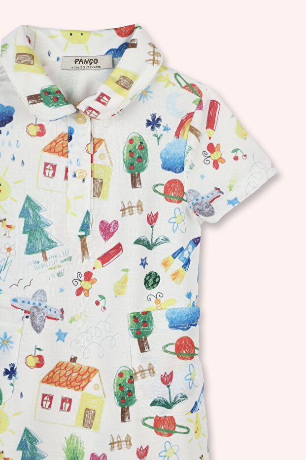 Kız Bebek Baskılı Örme Beyaz Elbise - 2