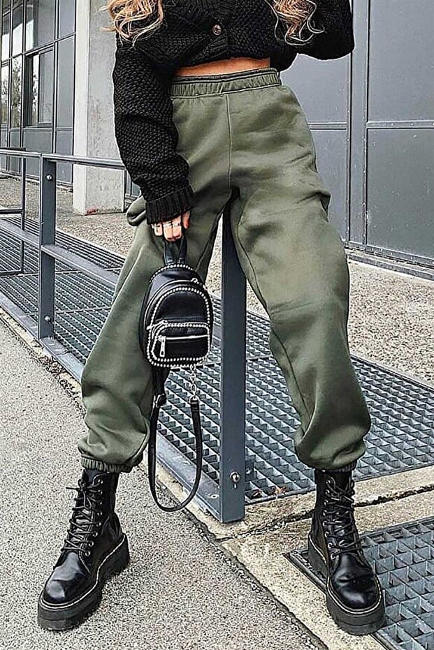 Mad Girls Khaki Oversize Women's Tracksuit with Elastic Legs Mg324