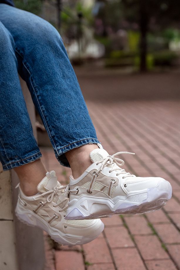Kadın Sneaker Bağcıklı Fileli Kalın Taban Spor Ayakkabı Azlin Bej - 2