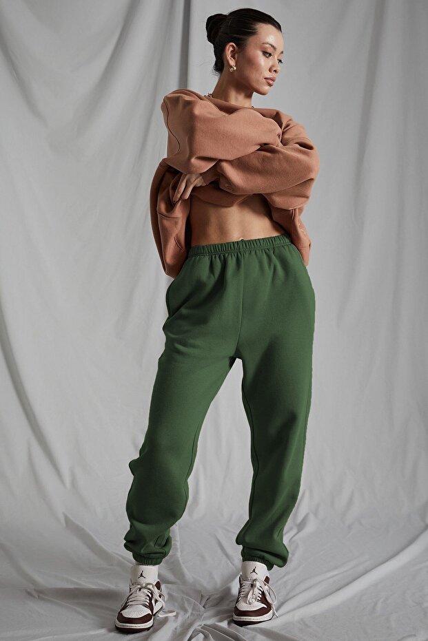Women's Khaki Elastic Waist Oversize Sweatpants Mg1235
