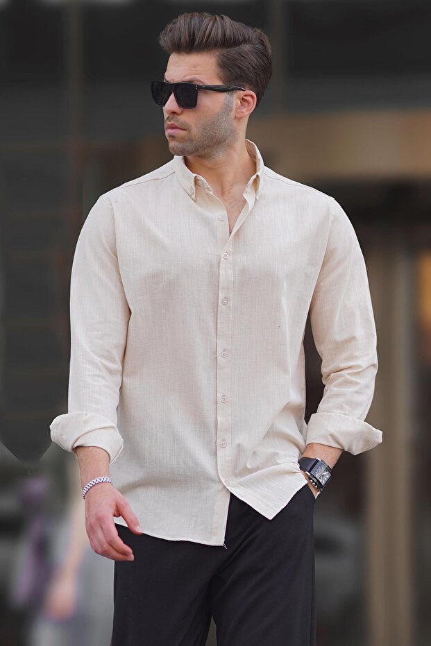 Men's Beige Long Sleeve Cotton Linen Look Shirt 6743