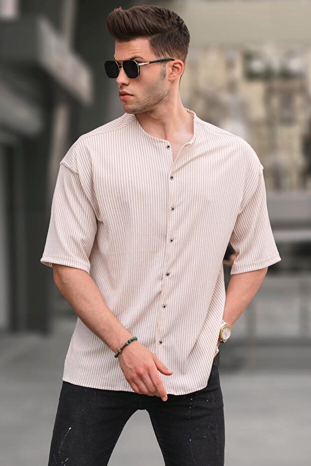 Beige Judge Collar Striped Short Sleeve Shirt 5863