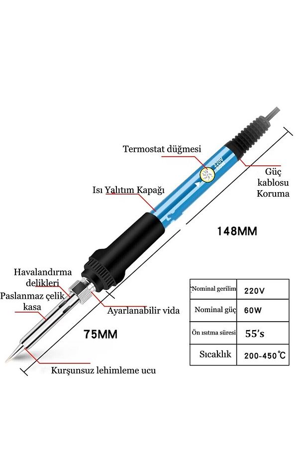 Ayarlanabilir Lehim Havya Seti 60W Elektrikli Havya Kiti Dijital Multimetre Kaynak Aracı - 3