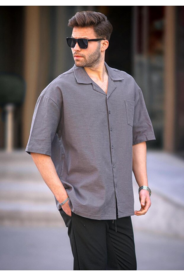 Füme Kısa Kollu Oversize Erkek Gömlek 6737 - 1