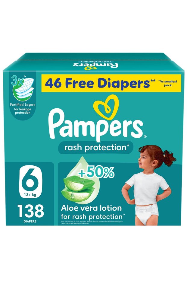 Rash Pro. Taped Diapers, S6, 13+kg,+50% Aloe Vera Lotion 3x Fortified Layers Super Saver Box 138Ct