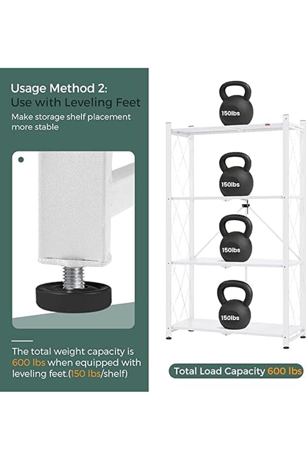 رفوف تخزين قابلة للطي مع عجلات، 4 طبقات، أبيض - 8
