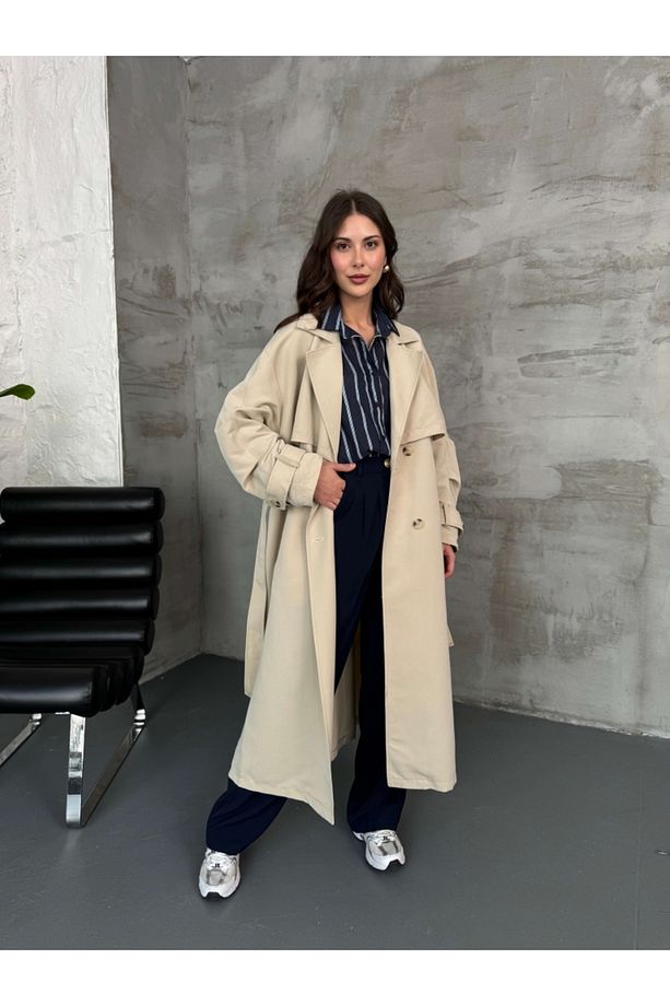 Taş Oversize Dört Düğmeli Trençkot - 3