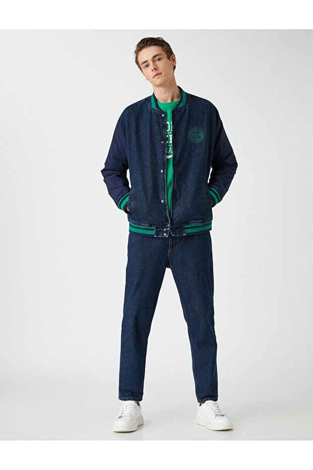 College Embroidered Denim Jacket Bomber Collar Snap Button Pocket