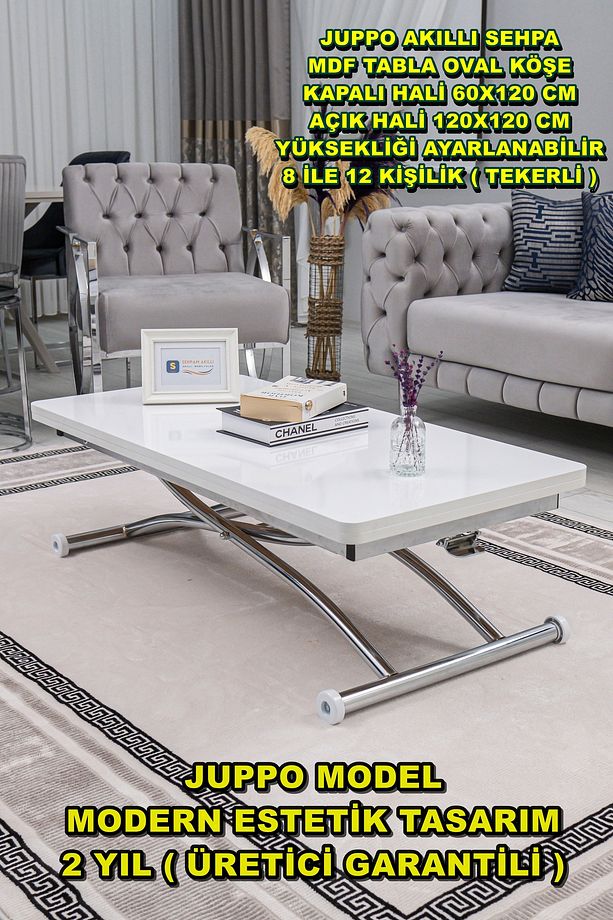 Akıllı Sehpa Juppo Üst Tabla Mdf Beyaz Oval Köşe Alt Krom Kaplama Dışa Kıvrım - 1
