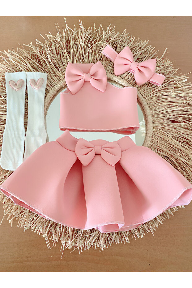 Girls Salmon Skirt Blouse Bandana Set