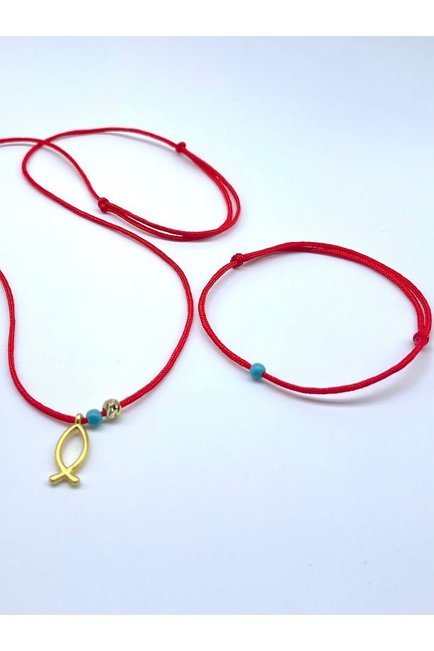 Kırmızı Minimal Gold Balık Figürlü Kolye Ve Bileklik Seti - 1