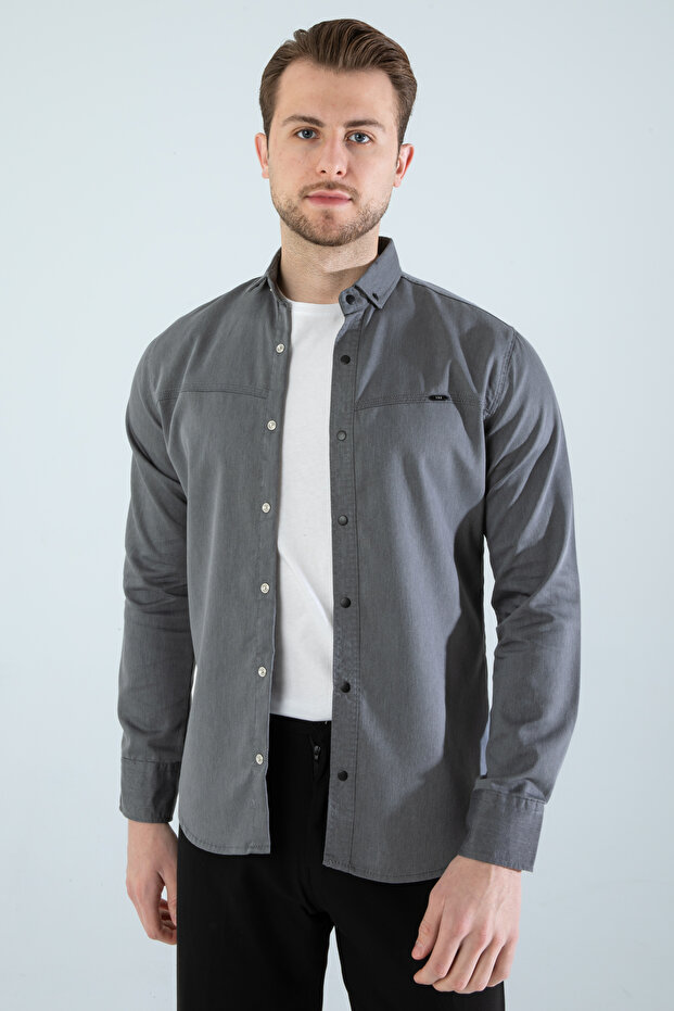 Men's Denim Shirt Slim Fit Long Sleeve Pocketless K.Grey
