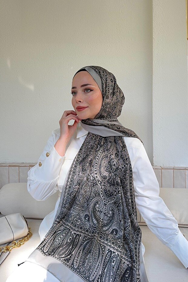 Ahsen Alemdar's Choice Ethnic Voile Vintage Pattern Shawl - Gray