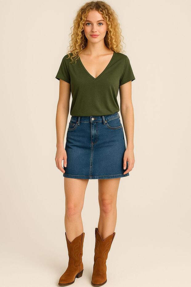 Ön ve Arka V Yaka Basic Pamuklu Tişört - 5