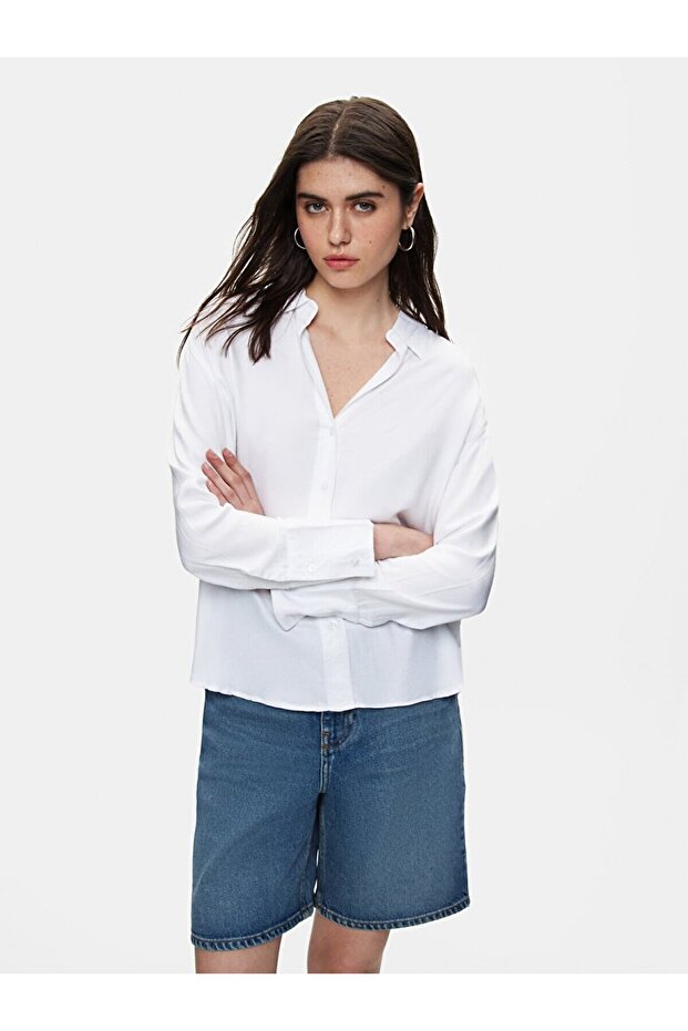 Basıc Relaxed Uzun Kollu Beyaz Gömlek - 6