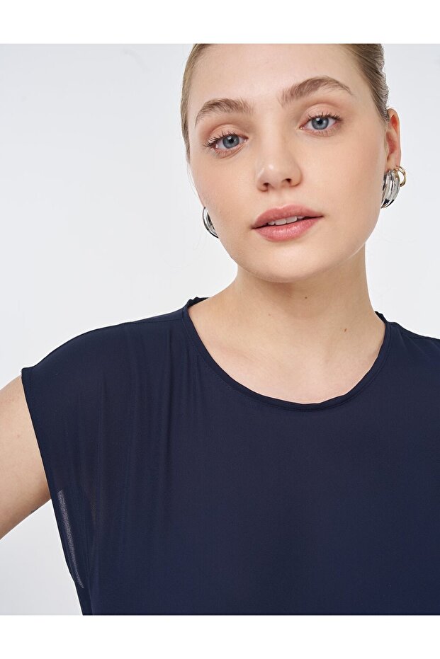 Sıfır Yaka Basic T-Shirt Lacivert - 7