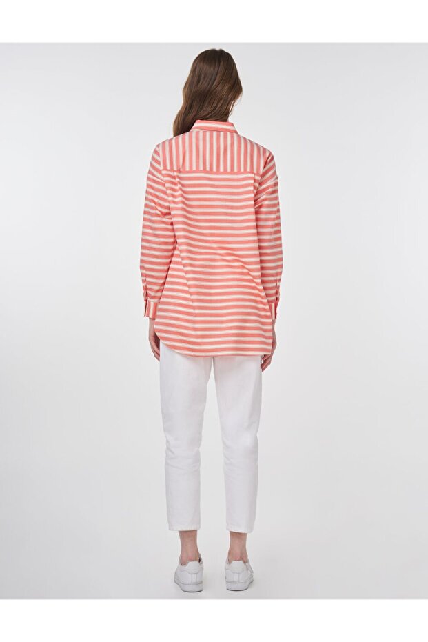 Çizgi Desen Pamuklu Basic Tunik Nar Çiçeği - 5