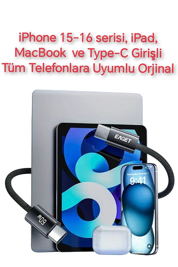 60W 2-Metre CE/FC/ROHS Lisanslı Type-C To Type-C Type-C Girişli Tüm Telefonlara İphone 15/16 Samsung - 2