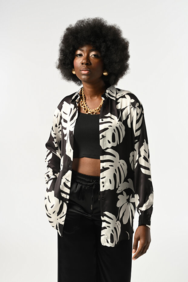 Women's Leaf Patterned Oversize Cut Shirt