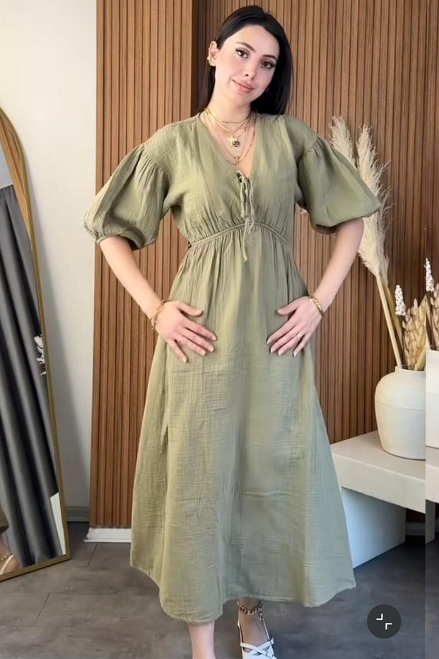 Women's V-Neck Green Muslin Fabric Short Sleeve Dress