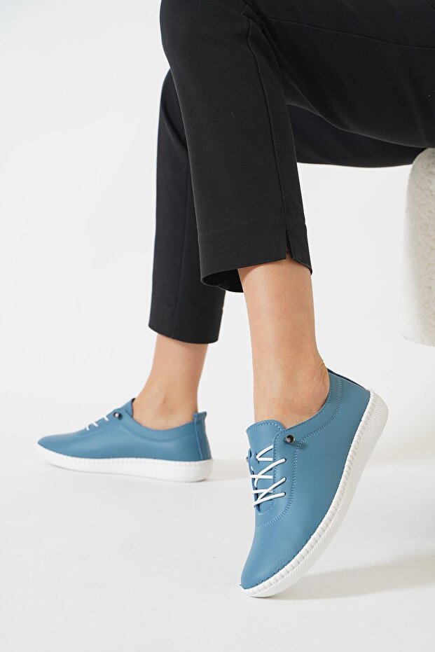 Negade Sole Stitched Genuine Leather Women's Shoes Denim Blue Skin
