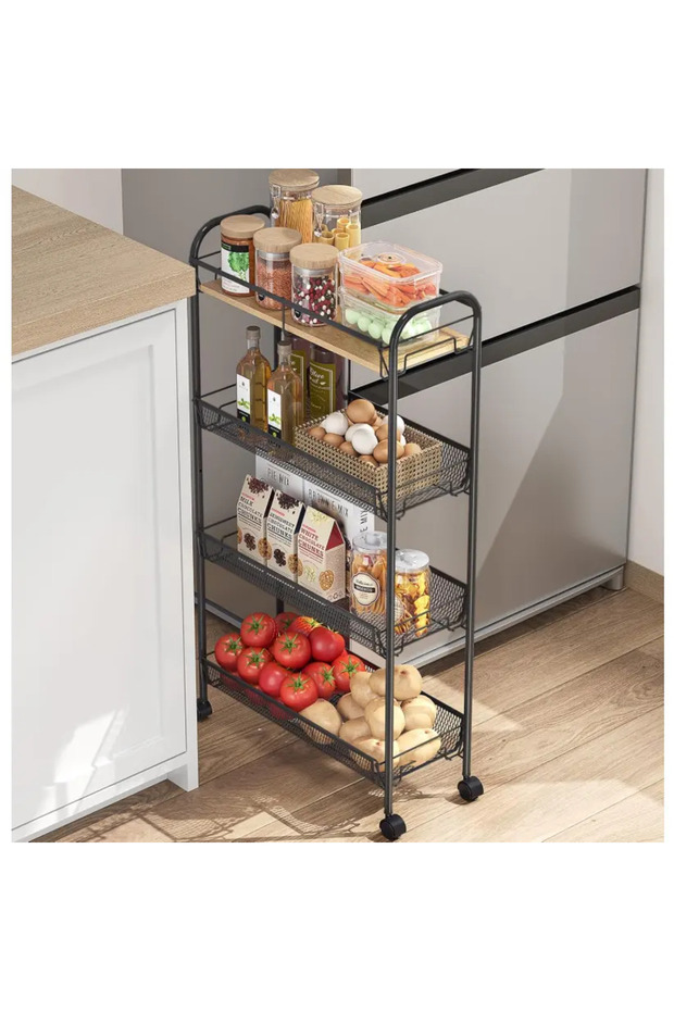 Raft metalic cu roti, 3 rafturi, un raft MDF, Negru, 44 x 25 x 83 cm - 1