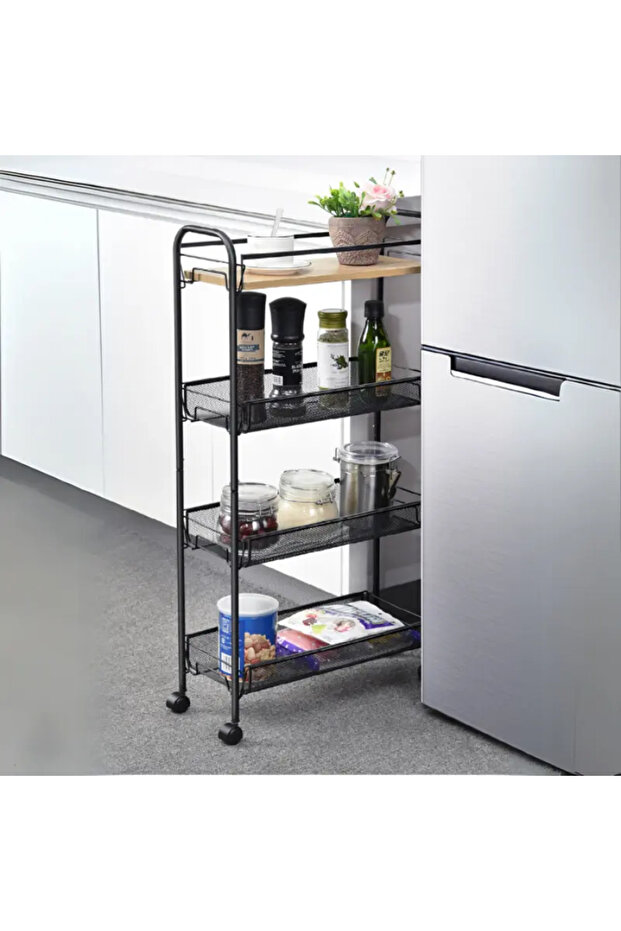Raft metalic cu roti, 3 rafturi, un raft MDF, Negru, 44 x 25 x 83 cm - 5