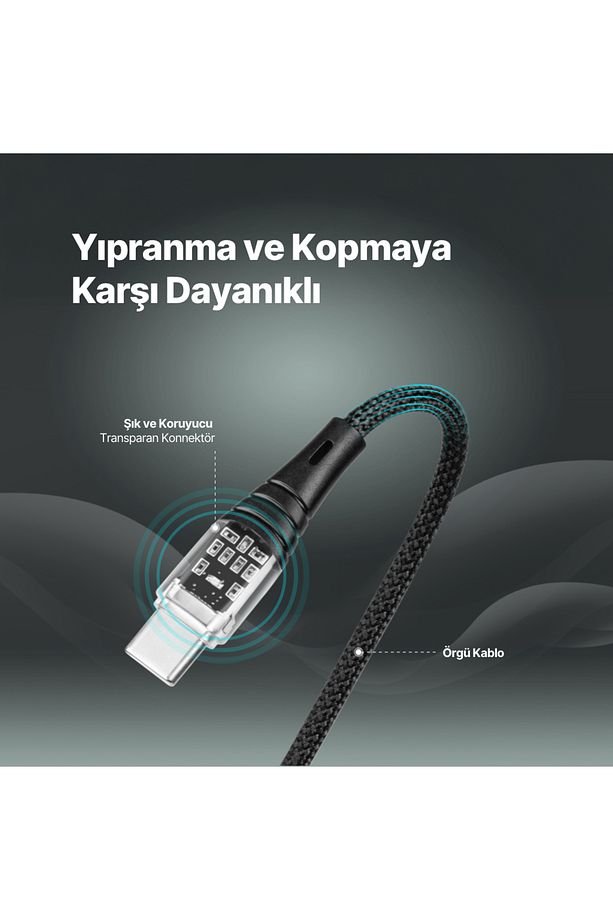 Ekstra Dayanıklı Transparan USB-C –USB-C 60W PD/QC 120cm Hızlı Şarj/Data Kablosu Siyah 2DK58S - 4