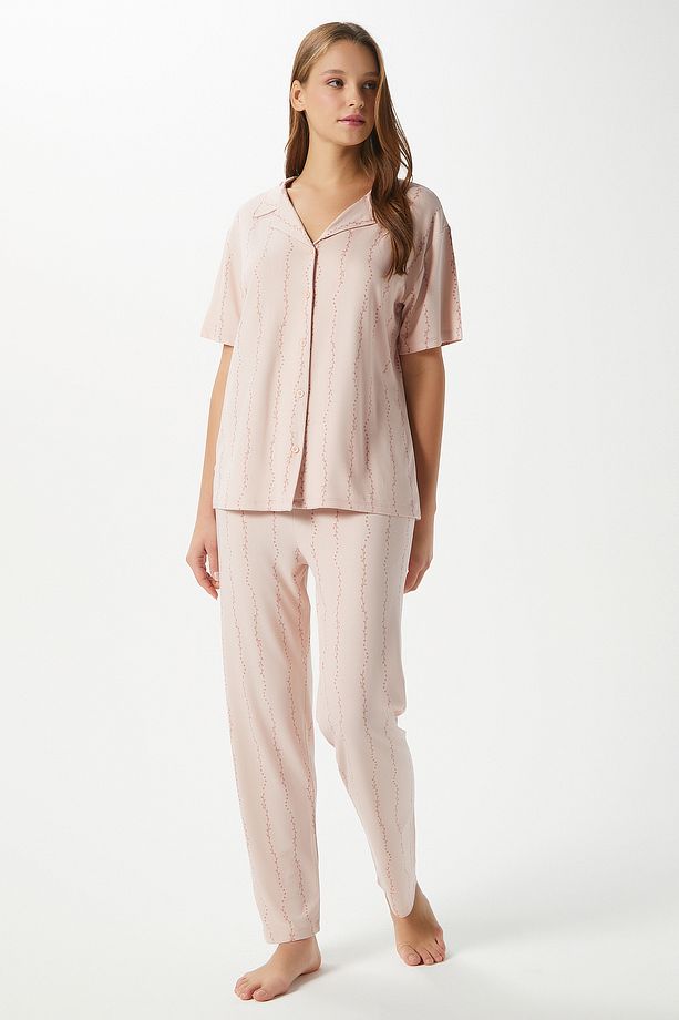 Kadın Spring Yumuşak Doku Pudra Bahar Dalı Ön Düğmeli Kısa Kollu Pijama Takımı - 7