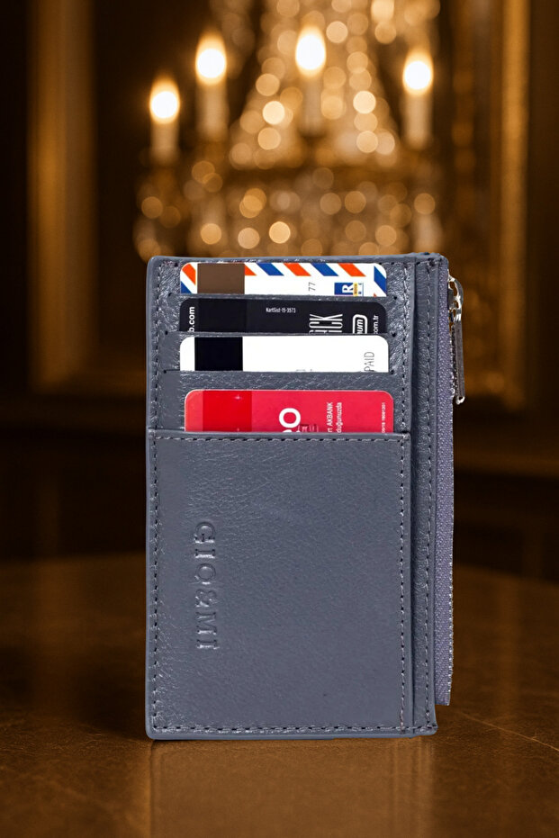 Glorya Genuine Leather Women's Gray Card Holder Wallet with Coin Compartment Zipper