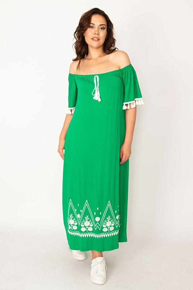 Women's Large Size Green Karmen Collar Long Dress with Embroidery and Tassel Detail 65n33437 - 6