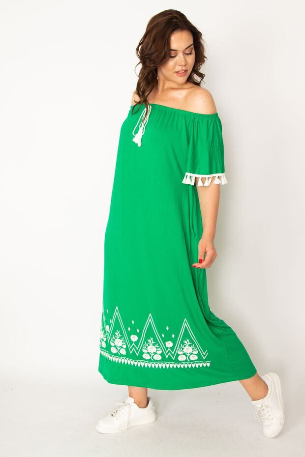 Women's Large Size Green Karmen Collar Long Dress with Embroidery and Tassel Detail 65n33437 - 1