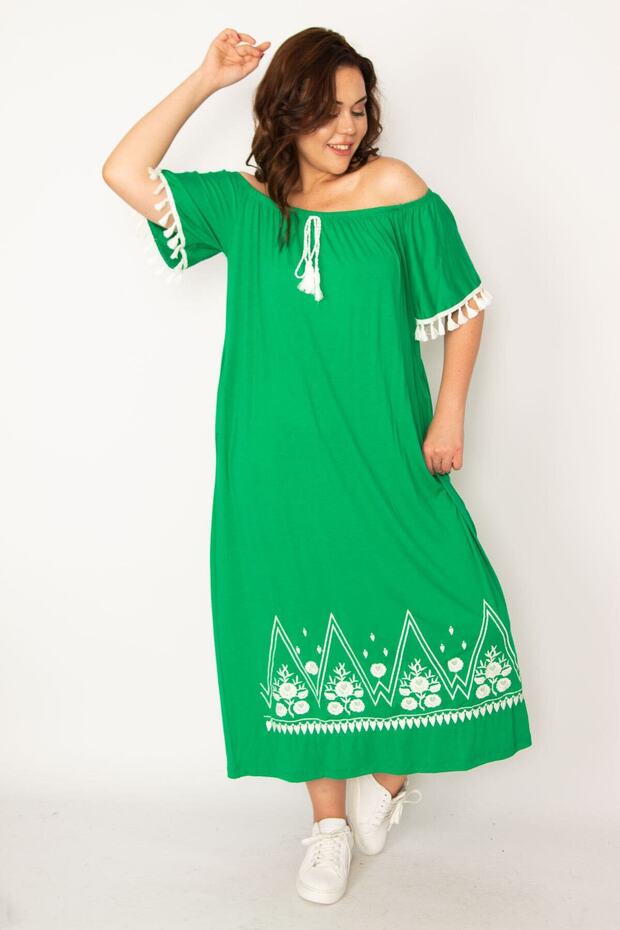 Women's Large Size Green Karmen Collar Long Dress with Embroidery and Tassel Detail 65n33437 - 2