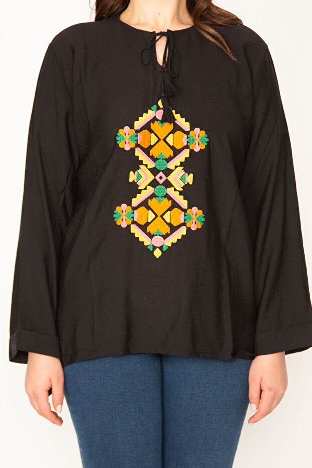 Women's Plus Size Black Embroidery Detailed Collar Lace Up Blouse 65n32416