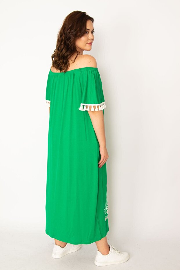 Women's Large Size Green Karmen Collar Long Dress with Embroidery and Tassel Detail 65n33437 - 4