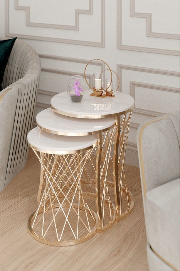 Aurelia Serisi Gold Metal Örgü Desenli 3’lü Zigon Sehpa – Krem Membran Tabla - 1
