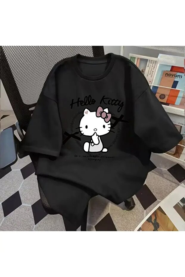 Kitty Graphic T-Shirt - Black Printed Oversize Crew Neck Short Sleeve Loose