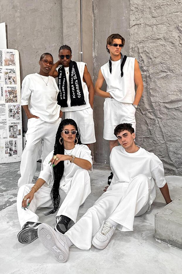 Beyaz Cozy Premium Basic Baggy Eşofman - 6