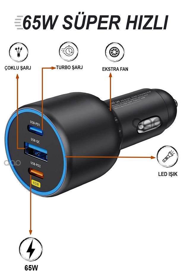 65 Watt Type-C + USB-A Araç Şarj Aleti iPhone & Android & Notebook Araç içi Şarj Cihazı Total 100W - 1