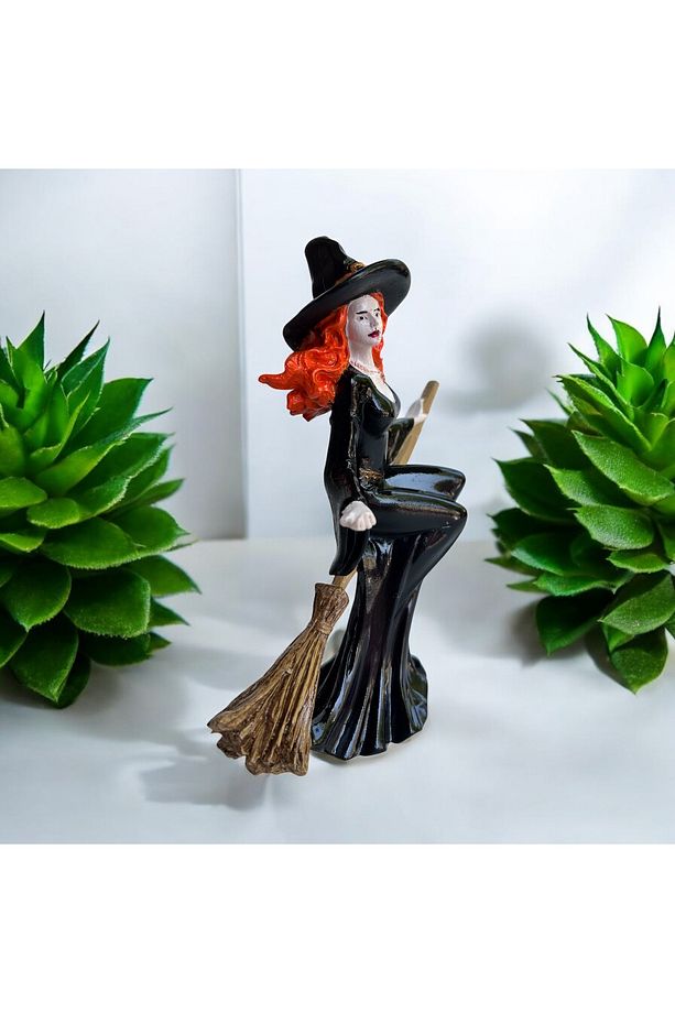 Dekoratif Boyanmış Polyester Süpürge Üzerinde Uçan Cadı Figürü - 10x14x18 cm - 2