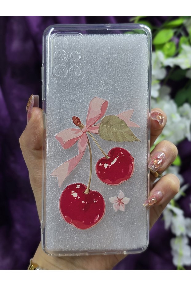 Transparent Phone Case Compatible with Samsung Galaxy A51 Cherry and Ribbon Pattern