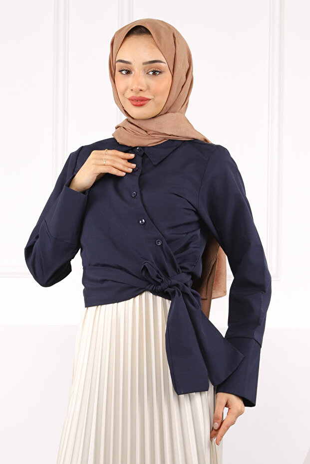Navy Blue Waist Tie Crop Shirt