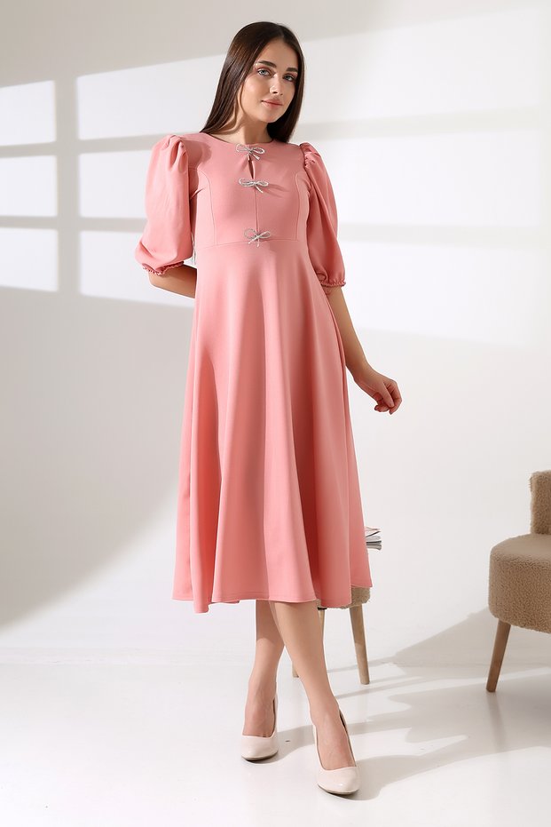 Watermelon Sleeve Midi Dress with Metal Accessories - Powder