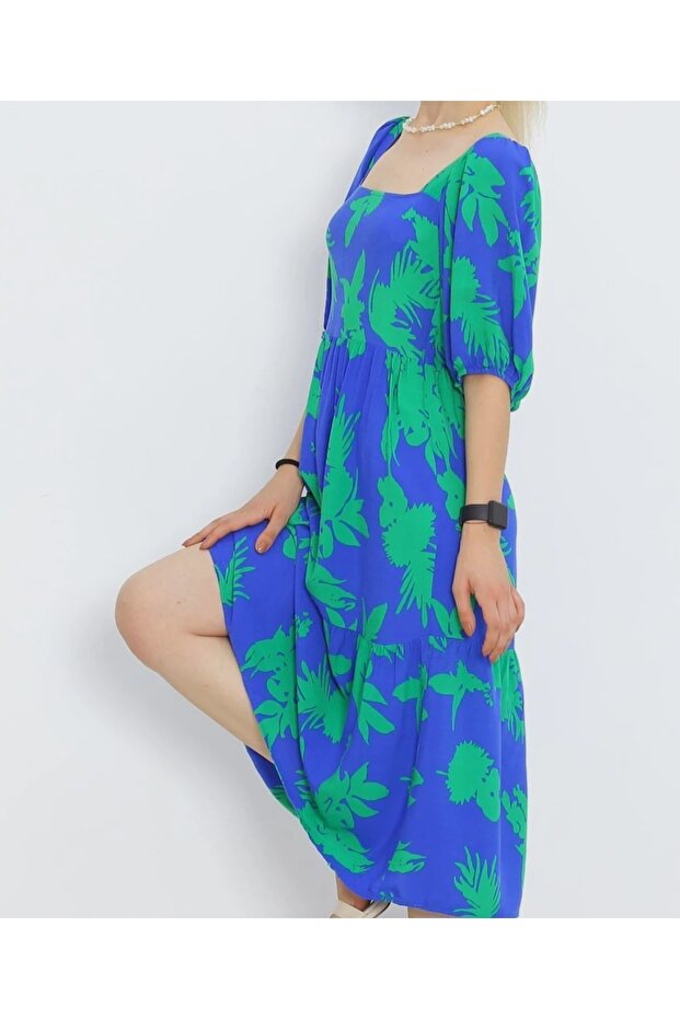 فستان منقوش بياقة مربعة - 2