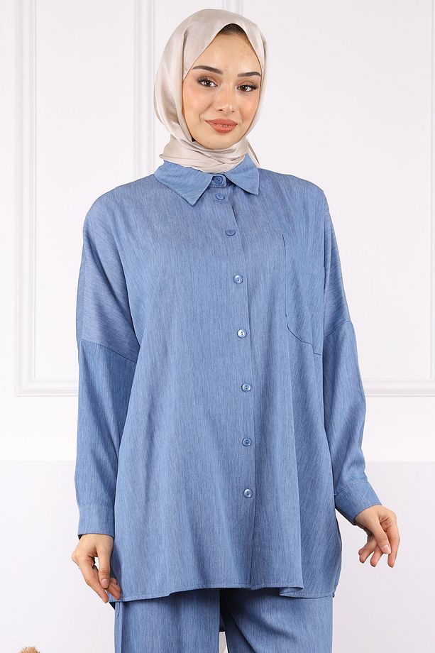 Mavi Tek Cepli Oversıze Tunik Pantolonlu Takım - 4