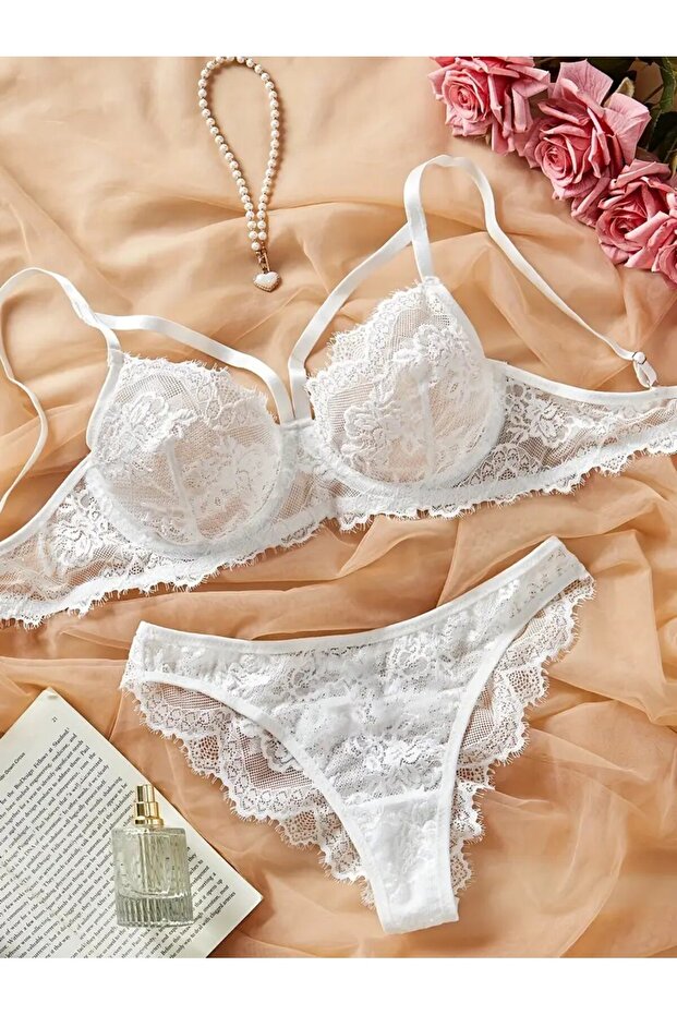 Eyelash Print Lace Unlined Bra & Eyelash Print Brazilian Panty Set