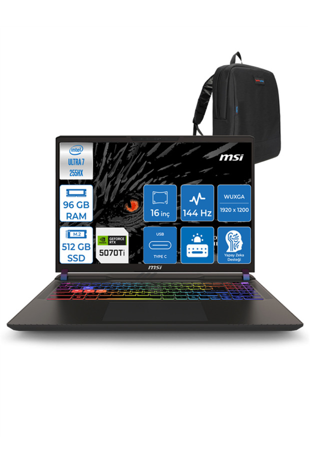 Vector 16 Hx Ultra 7 255HX 96GB 512GB SSD 12GB/RTX5070TI/140W WIN11HOME 16" Fhd+ 144Hz 091XTRH25 - 1