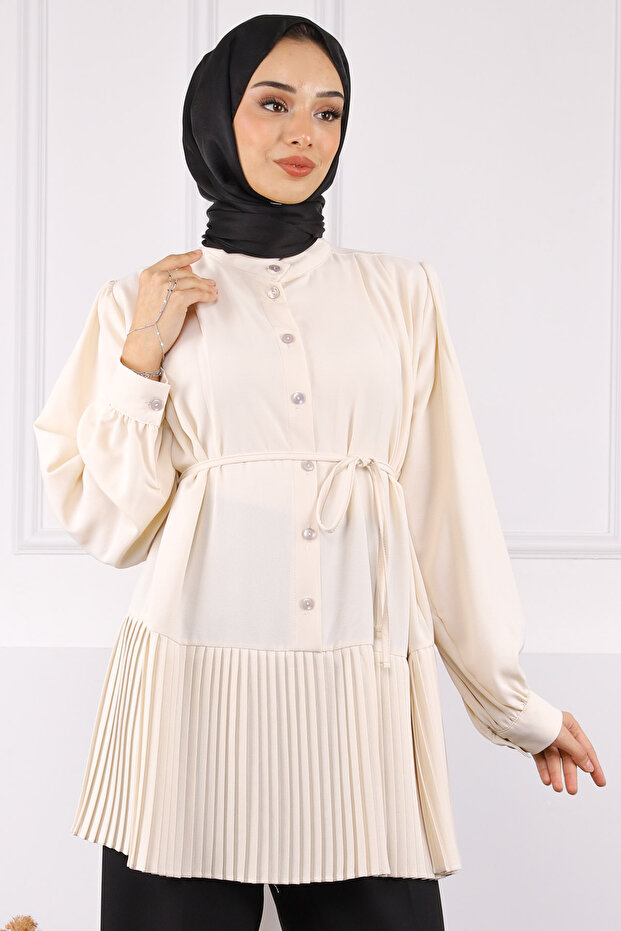 Stone Skirt Pleated Waist Belted Tunic
